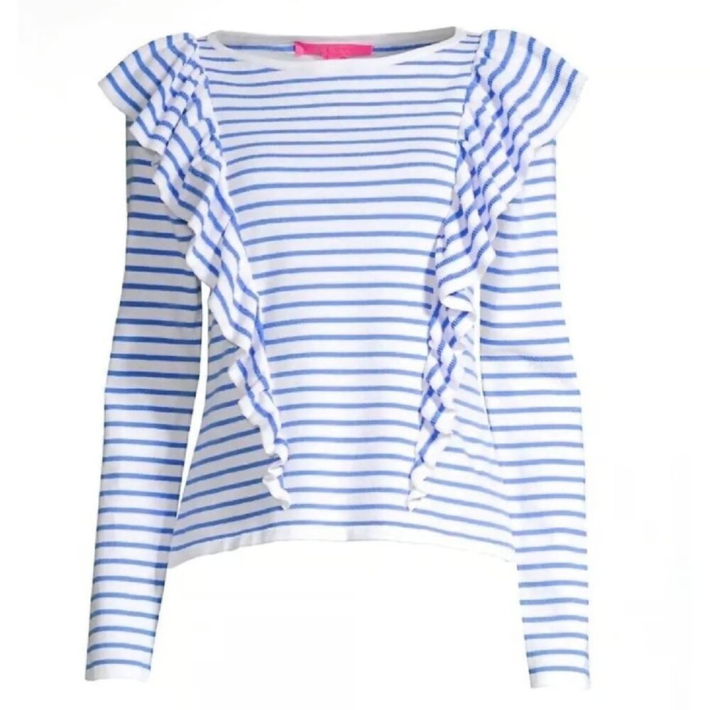 Lilly Pulitzer Ruth Striped Ruffle Sweater Size Medium Bennet Blue Beach Stripe